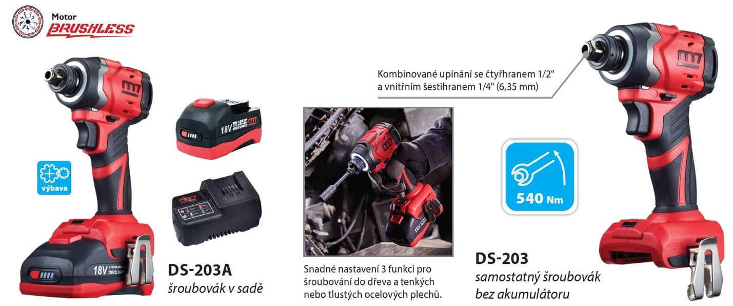 lehký a silný AKU šroubovák s jedinečným upínáním pomocí vnějšího čtyřhranu 1/2" pro rázové