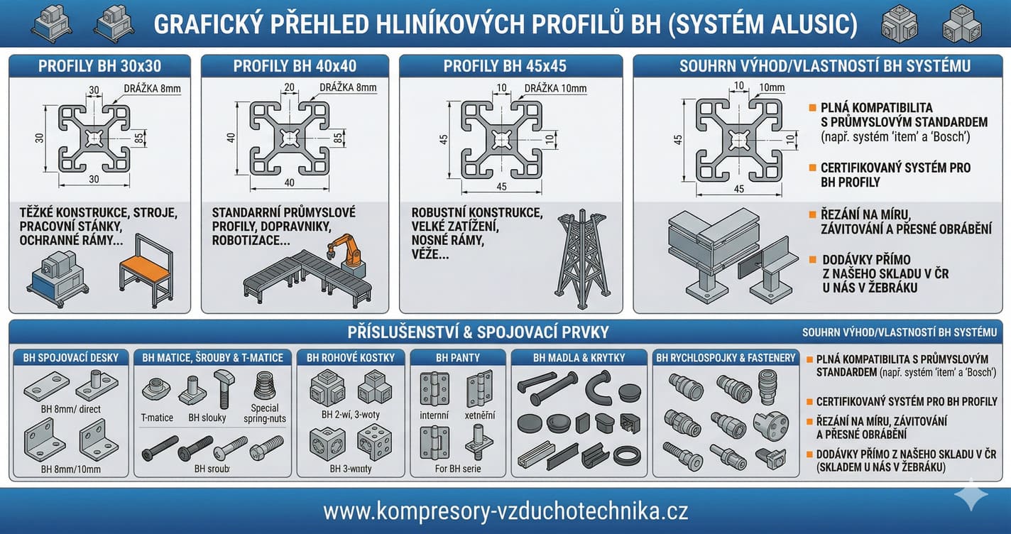 Grafický přehled Hliníkové profily BH | Průmyslové konstrukční profily ALUSIC BH