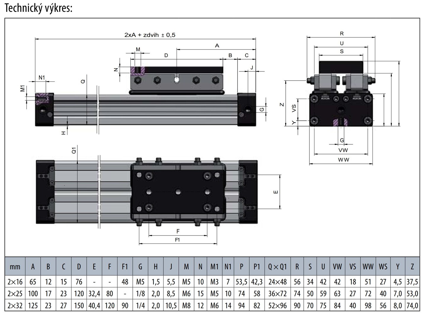 Technický výkres bezpístnicového válce DUO96
