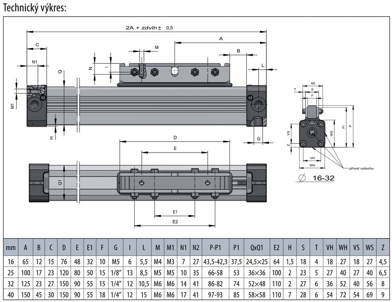 Technický výkres bezpístnicového válce PL