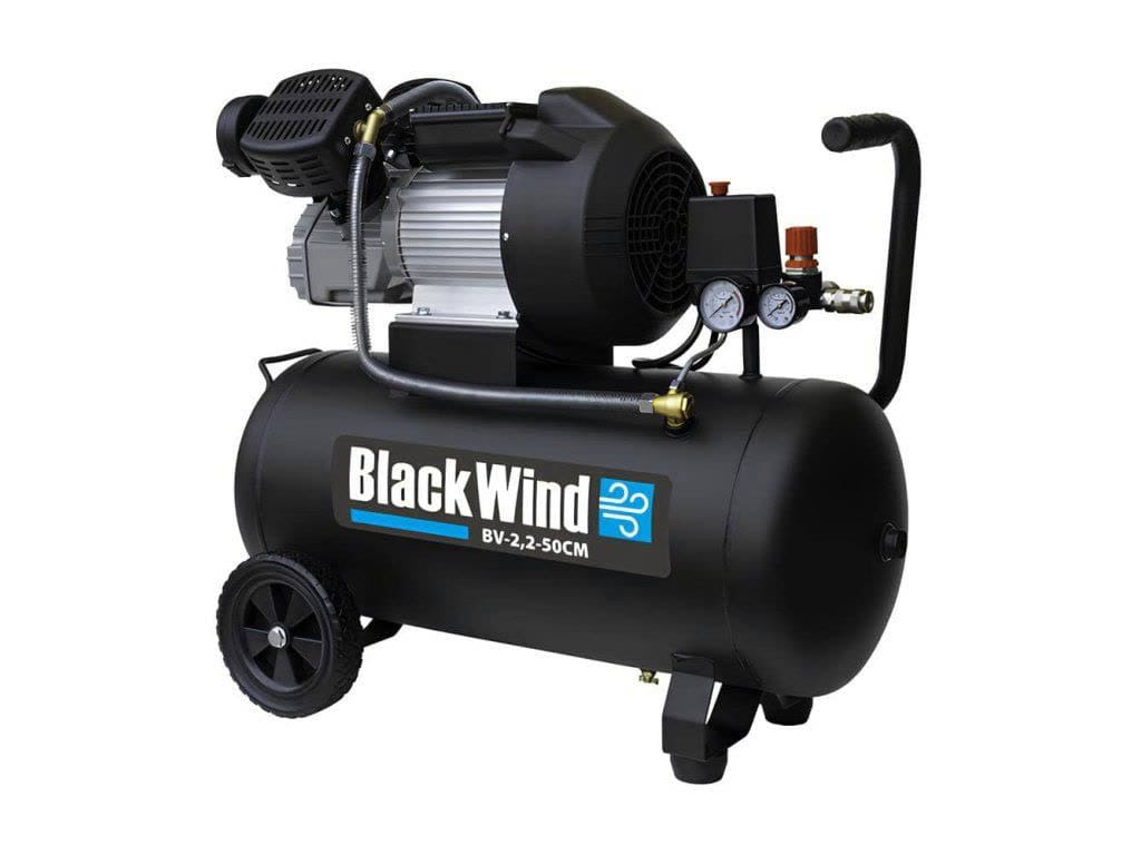 Piestový kompresor Black Wind BV-2,2-50CM — dvojvalec na vzdušníku 50 l s kolieskami a rukoväťou