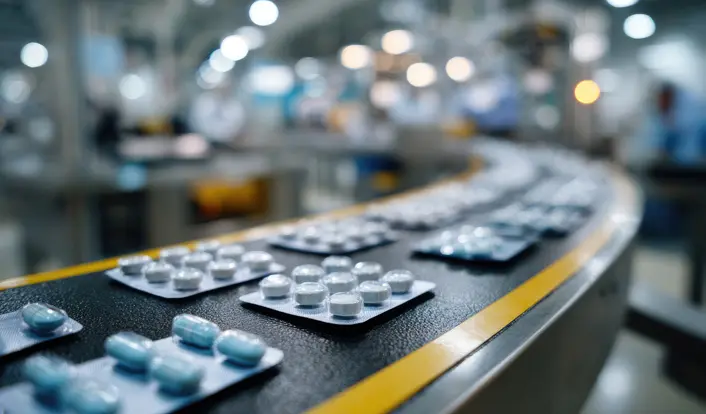 Blistry s tabletami na dopravníku farmaceutické výroby