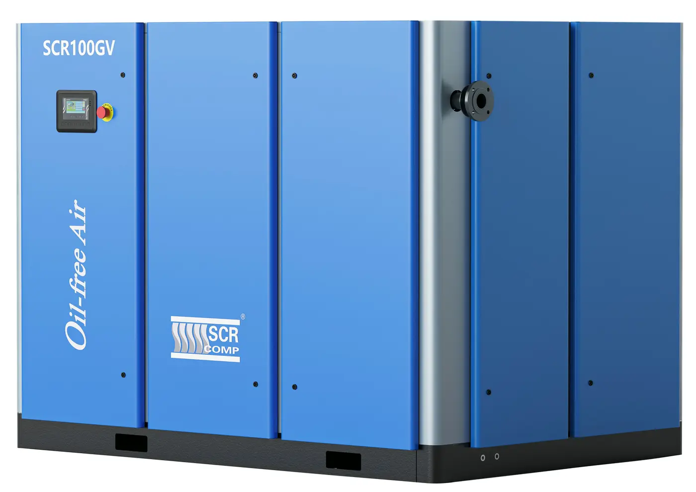 Bezolejový šroubový kompresor SCR 100 GV s nápisem Oil-free Air na modré skříni