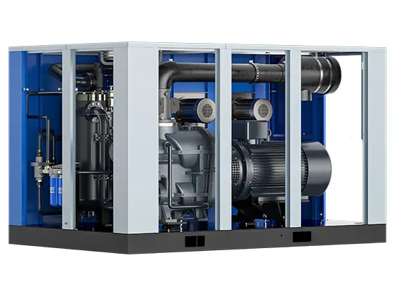 Průhled do dvoustupňového kompresoru SCR-H — šroubový blok, elektromotor a sání zakryté panely skříně