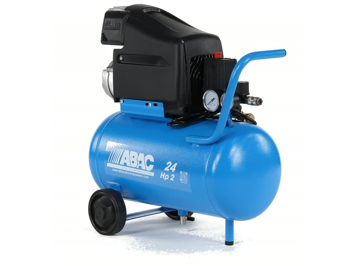 Mobile compressor ABAC L20N-1.5-24CM — L20 pump with a black cover on a blue 24 l tank, two wheels and a handle
