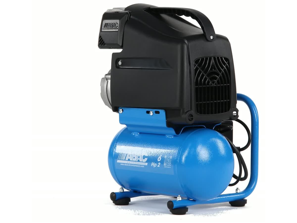 Portable compressor ABAC L20N-1.5-6CM — 6 l tank on rubber feet, handle on the pump cover, protective hoop around the panel