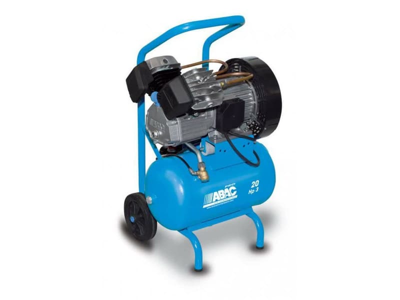 Kompresor ABAC V30-2,2-20CM — ležatá 20l nádoba v modrom rúrkovom ráme, dvojvalec hore