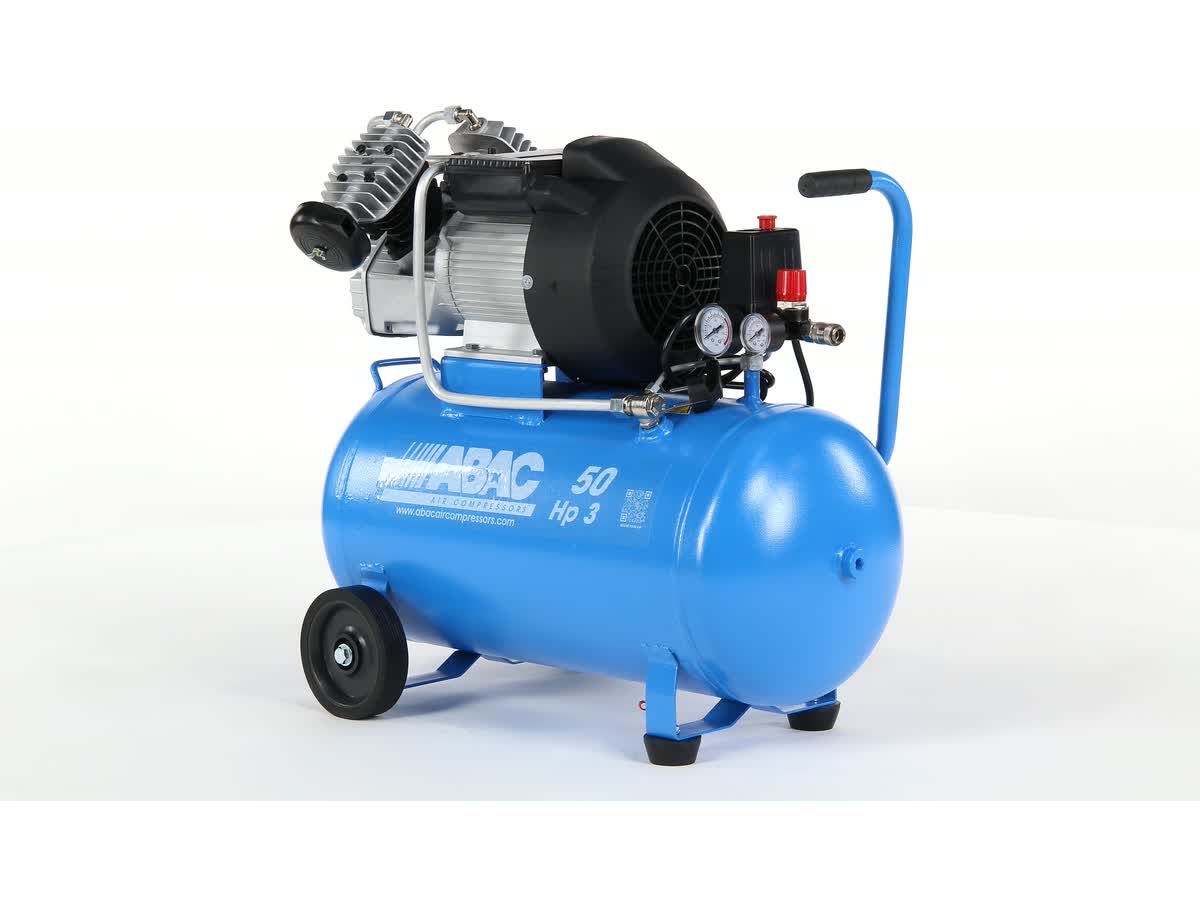 Mobile compressor ABAC V36-2.2-50CM — V-twin pump on a blue 50 l tank, gauges and handle