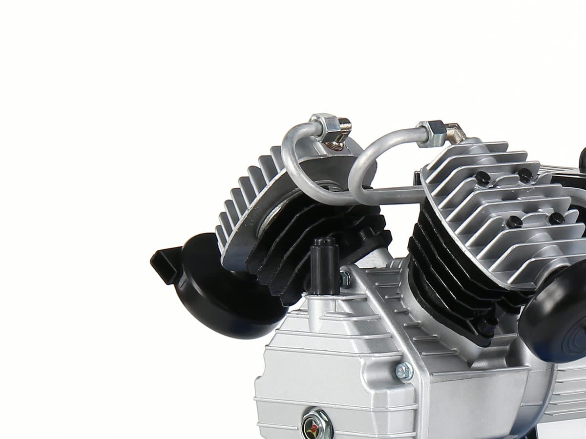 V-twin V36 pump — two finned cylinders in a V, two intake filters and the discharge pipe
