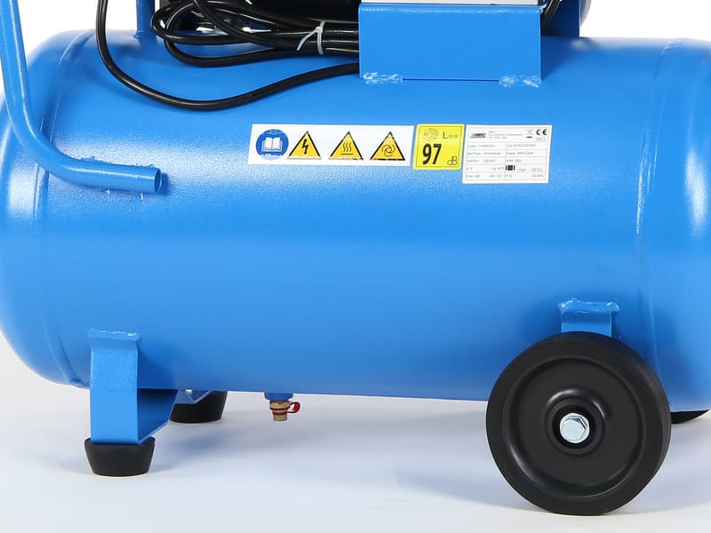 Rubber foot, drain valve and wheel — under the tank of the V36 compressor