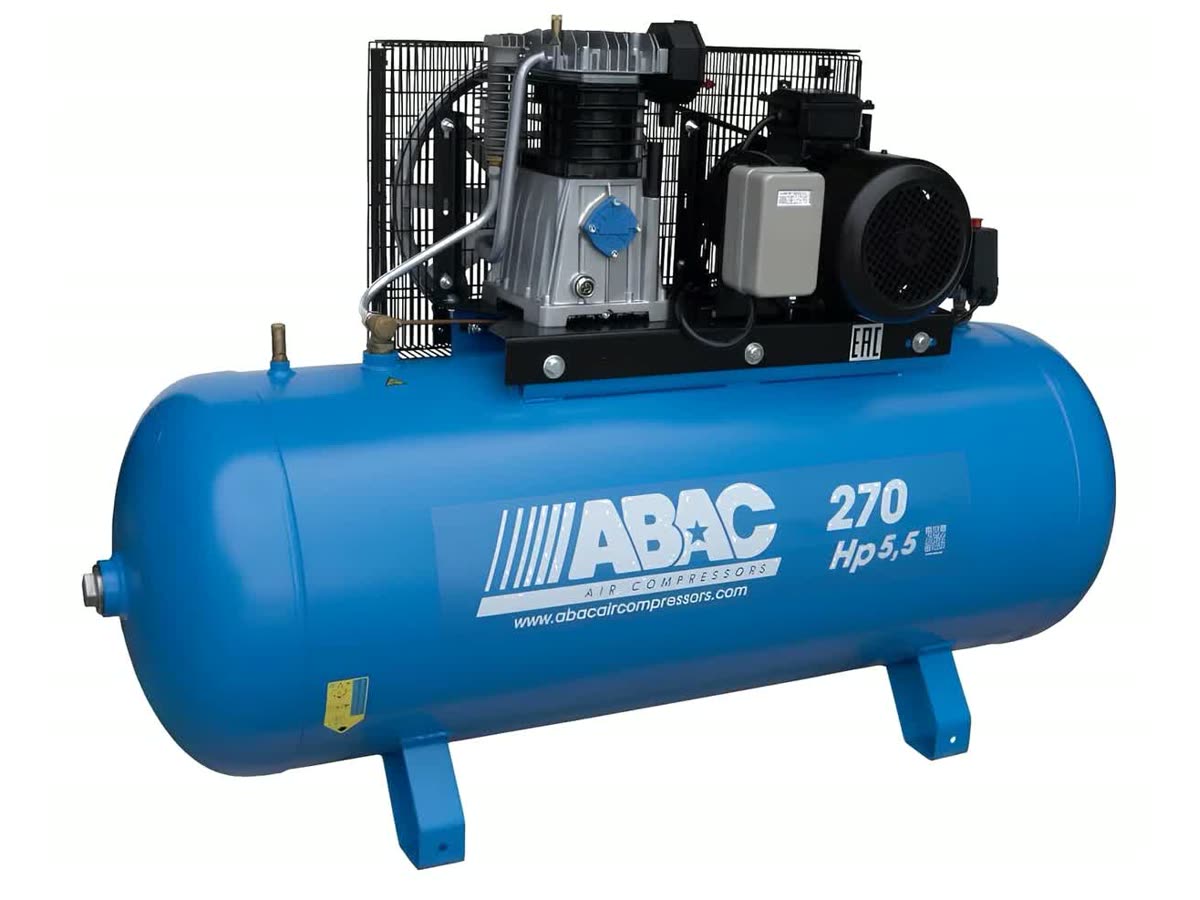 Kompresor ABAC Pro Line A49BX-4-270FT — stacionární provedení na patkách, dvoustupňová jednotka A49B s motorem 4 kW, vzdušník 270 l