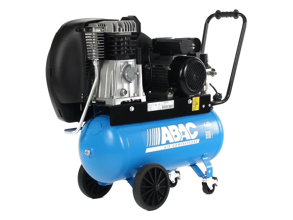 Kompresor ABAC Pro Line Expert s vzdušníkem 50 l — jednotka A39B, uzavřené madlo s pryžovým gripem, dvě přední kolečka s brzdou, výstupní filtr