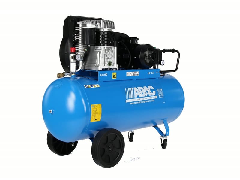 Kompresor ABAC Pro Line B59B-4-270CT — jednotka B59B, motor 4 kW, vzdušník 270 l, dvě přední otočná kolečka s brzdou a madlo