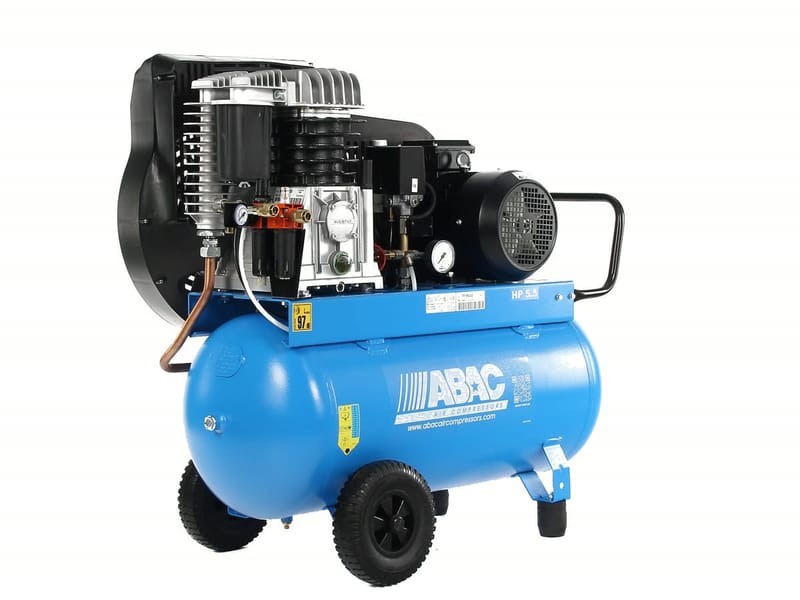 Kompresor ABAC Pro Line B59B-4-90CTH na 15 bar — jednotka B59B se 4 kW na nádobě 90 l na kolečkách, regulátor tlaku se dvěma rychlospojkami a madlo