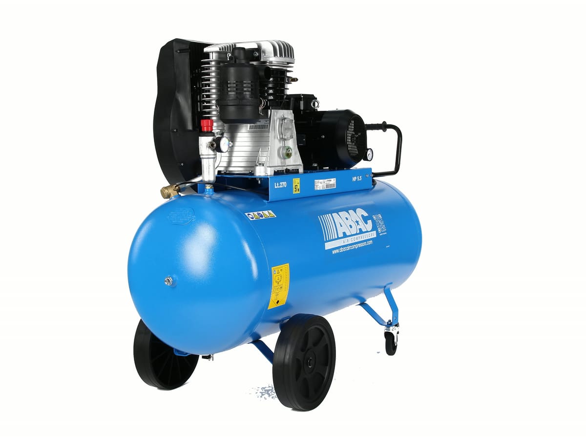 Pomaloběžný kompresor ABAC Pro Line B60-4-270CT — litinová dvoustupňová jednotka B60 s motorem 4 kW na 1 100 ot/min, regulátor se dvěma rychlospojkami, vzdušník 270 l na kolečkách