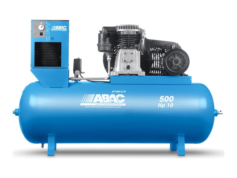 Kompresor Pro Line z agregatem B70 i osuszaczem na zbiorniku 500 l — największy agregat serii z silnikiem 7,5 kW, osuszacz z lewej nad zbiornikiem z napisem 500 Hp 10 (starsze zdjęcie producenta)