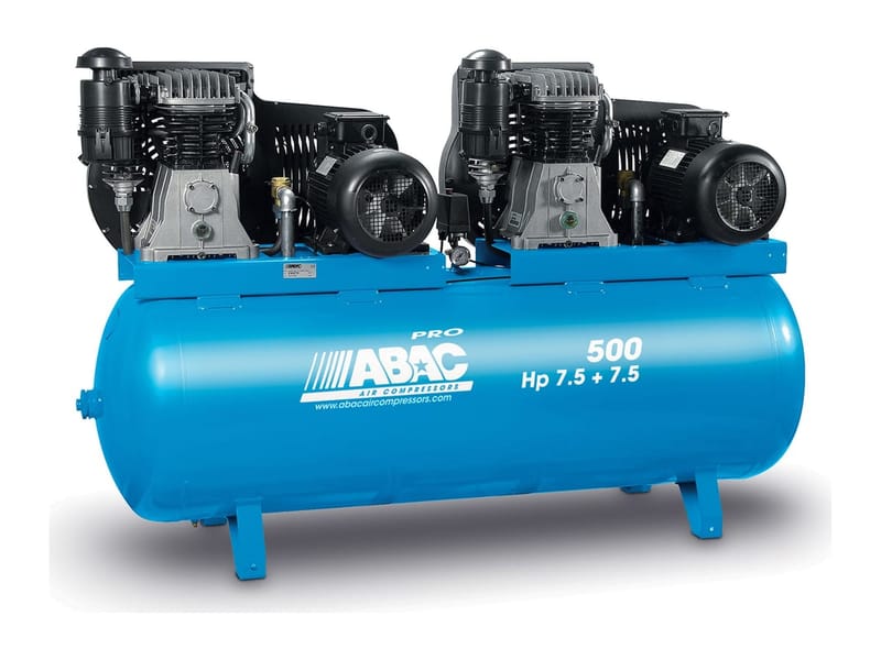 Sprężarka tandemowa ABAC Pro Line z agregatami B60 na poziomym zbiorniku 500 l — ta sama budowa co B60-2x4-500FT (na zdjęciu producenta wersja z silnikami 5,5 kW)