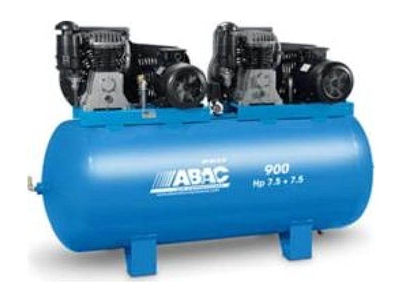 Sprężarka tandemowa ABAC Pro Line B60-2x5,5-900FT — dwa agregaty B60 z silnikami 5,5 kW na poziomym zbiorniku 900 l