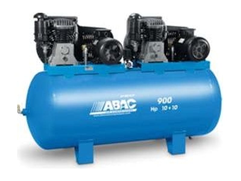 Sprężarka tandemowa ABAC Pro Line B70-2x7,5-900FT — dwa agregaty B70 z silnikami 7,5 kW na poziomym zbiorniku 900 l z napisem Hp 10+10