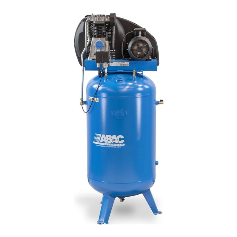 Kompresor pionowy ABAC Pro Line Expert A49BP-4-270VT — dwustopniowy agregat A49B z silnikiem 4 kW, czarna osłona koła pasowego, pionowy zbiornik 270 l