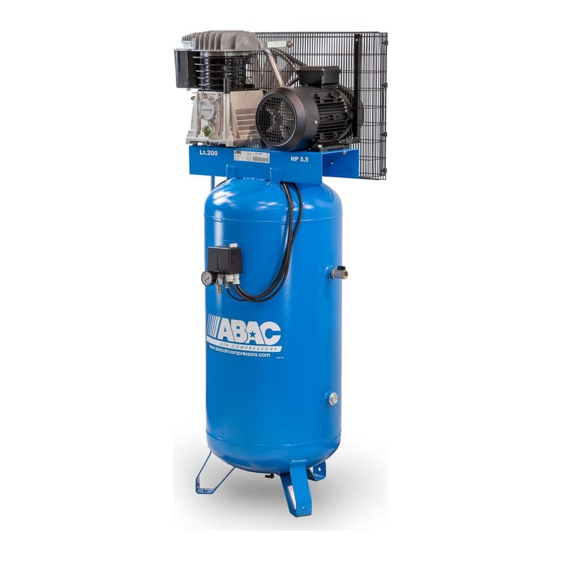 Kompresor pionowy ABAC Pro Line B59B-4-200VT z przodu z lewej — agregat B59B z silnikiem 4 kW na pionowym zbiorniku 200 l, presostat z boku zbiornika (zdjęcie producenta ze starszą drucianą osłoną koła pasowego)