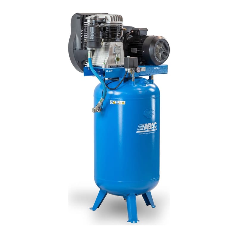 Kompresor pionowy ABAC Pro Line B60-5,5-270VT z przodu z prawej — agregat B60 z silnikiem 5,5 kW, presostat na płycie, pionowy zbiornik 270 l (starsze zdjęcie producenta z perforowaną osłoną koła pasowego)
