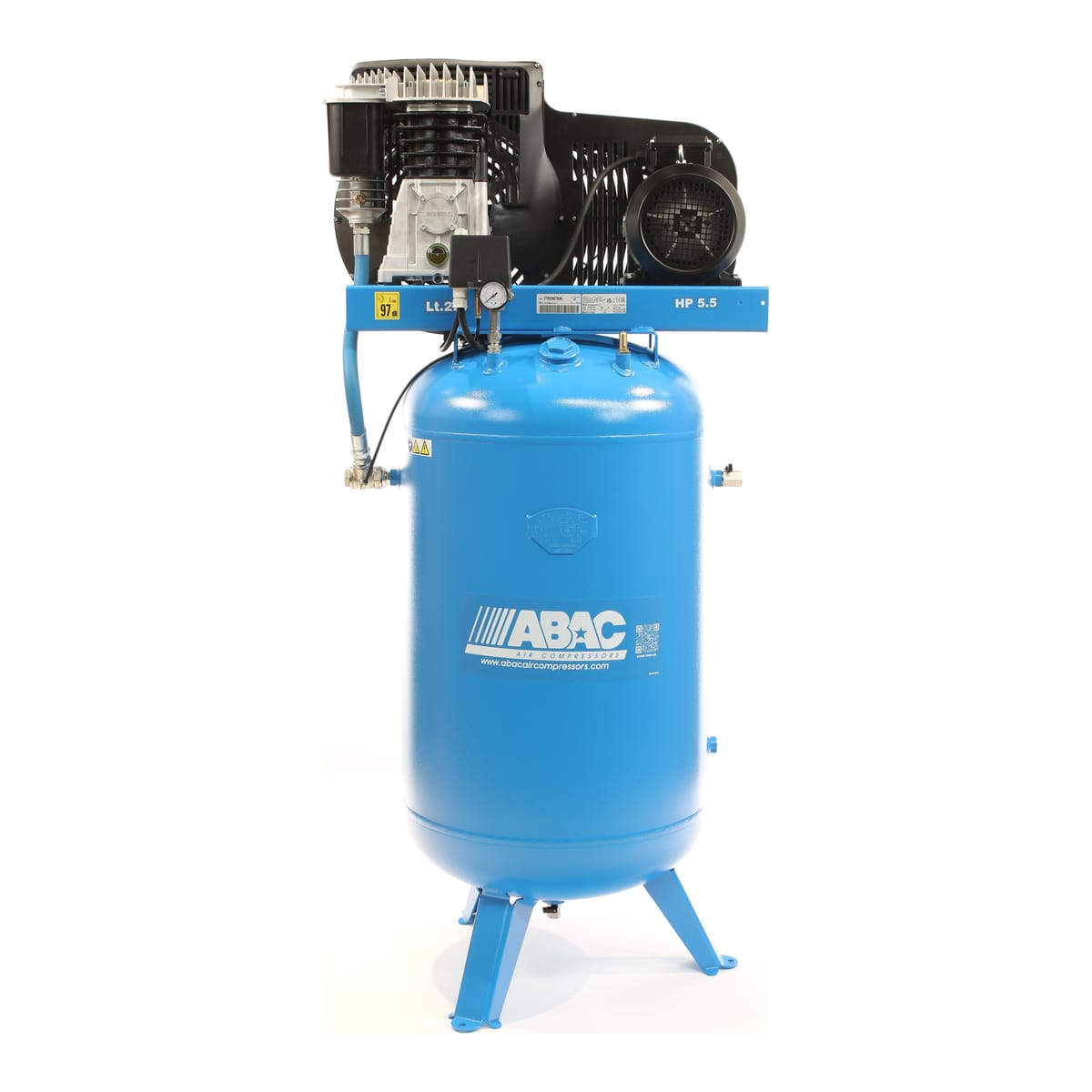 Kompresor pionowy ABAC Pro Line B59B-4-270VT z przodu — żeliwny dwustopniowy agregat B59B z silnikiem 4 kW na płycie nad pionowym zbiornikiem 270 l, presostat z manometrem, zawór kulowy wyjścia z boku zbiornika, trzy nogi
