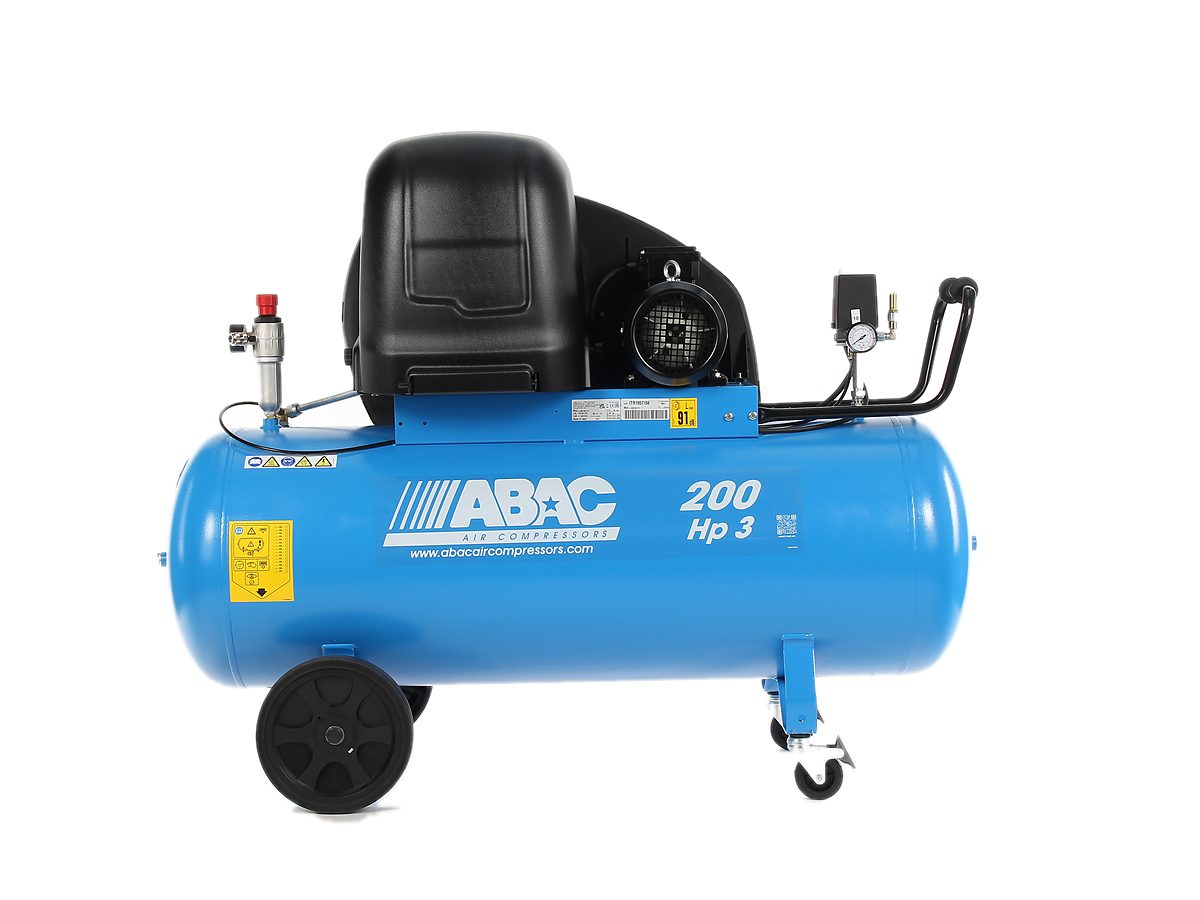 Mobile ABAC Silent A39B compressor on a 200-litre receiver with a hood over the pump unit