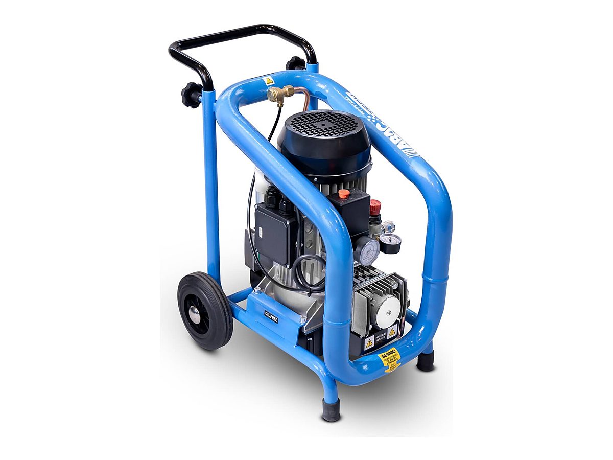 Oil-free industrial compressor ABAC Tech ATFS in a protective tubular frame with wheels