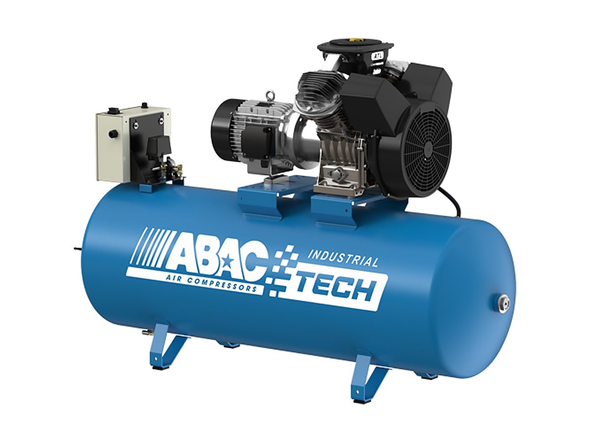 Industrial piston compressor ABAC Tech ATL on a horizontal receiver with a cast-iron pump unit