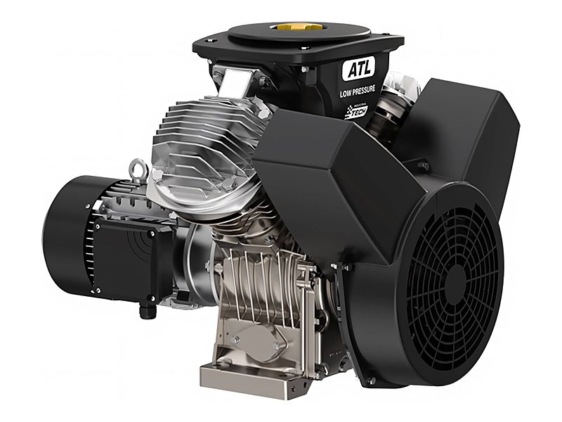 Cast-iron ABAC Tech pump unit with finned cylinders and a large cooling fan