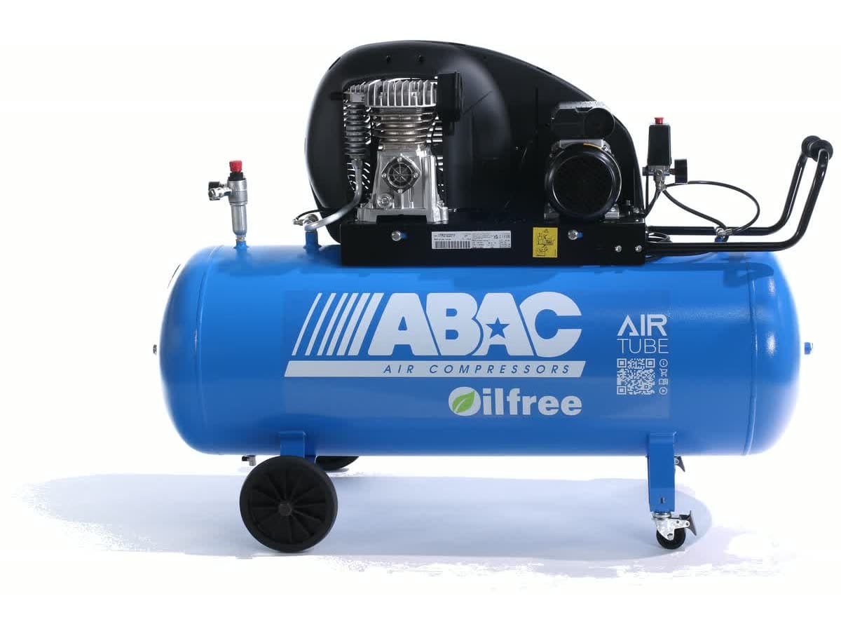 Kompressor ABAC Expert Zero A29B0P mit 2,2 kW, 200 l — 200-l-Behälter auf Rädern, Aggregat A29B0, Schriftzug oilfree und QR-Code AirTube