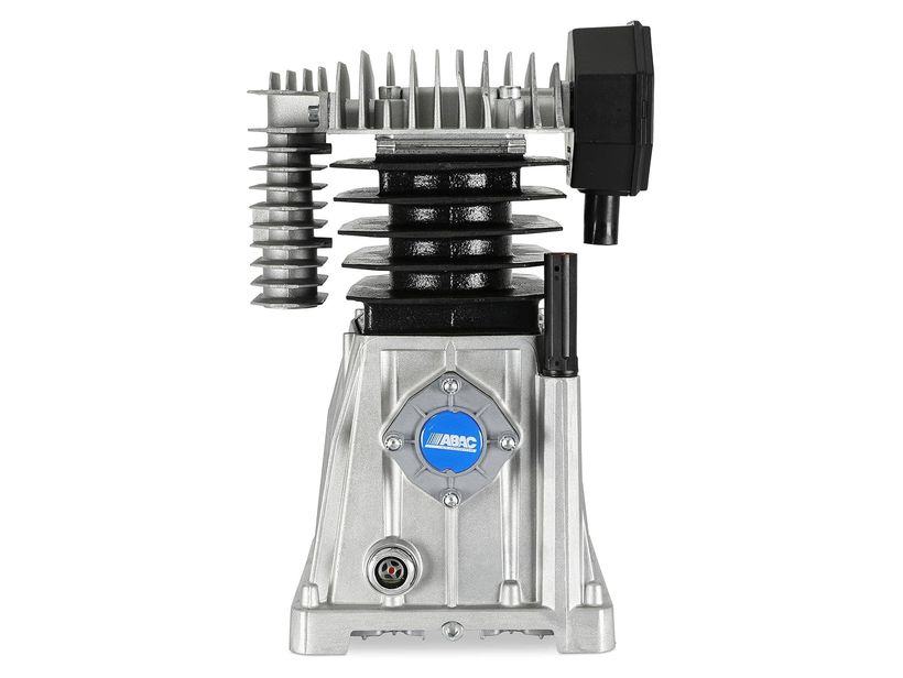 ABAC compressor block from the side — finned cylinder heads, oil sump and dipstick