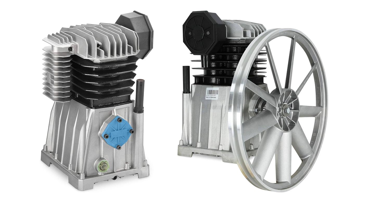 Two ABAC compressor pumps side by side — a block from the side and a block with the pulley fitted