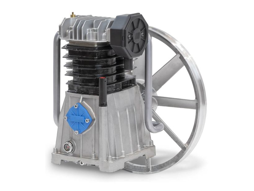 Compressor block with the pulley that is driven from the electric motor by V-belts