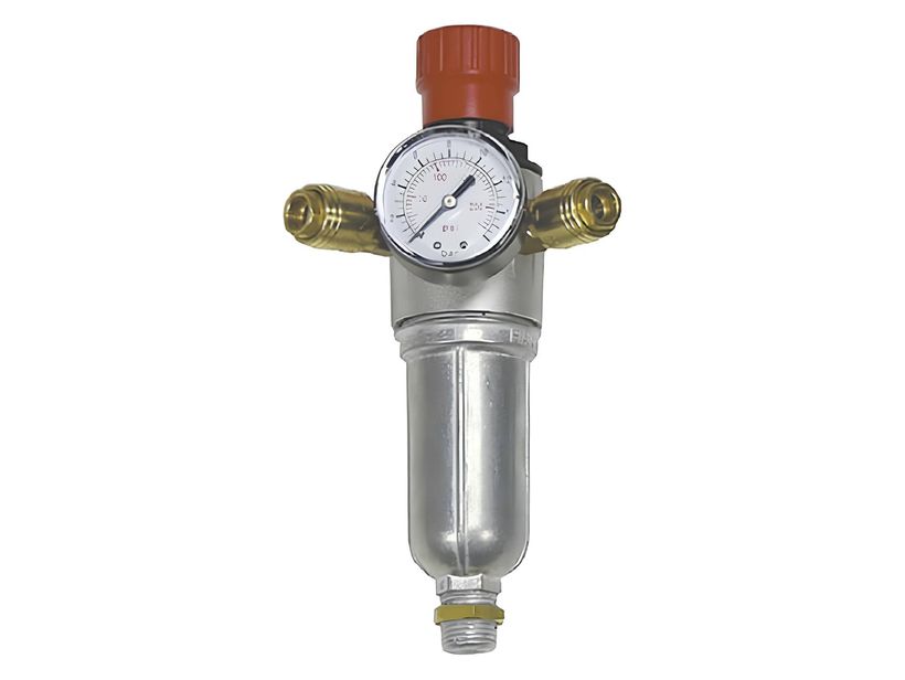 Druckminderer von vorn — Einstellrad, Manometer und beide Schnellkupplungen