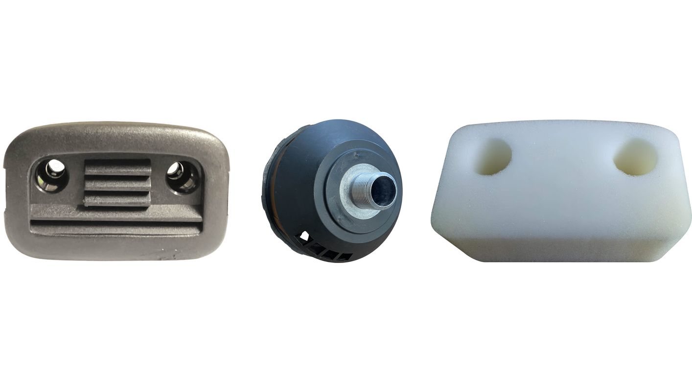Three kinds of intake filter side by side — a rectangular housing, a round housing with a threaded neck, and a filter cartridge