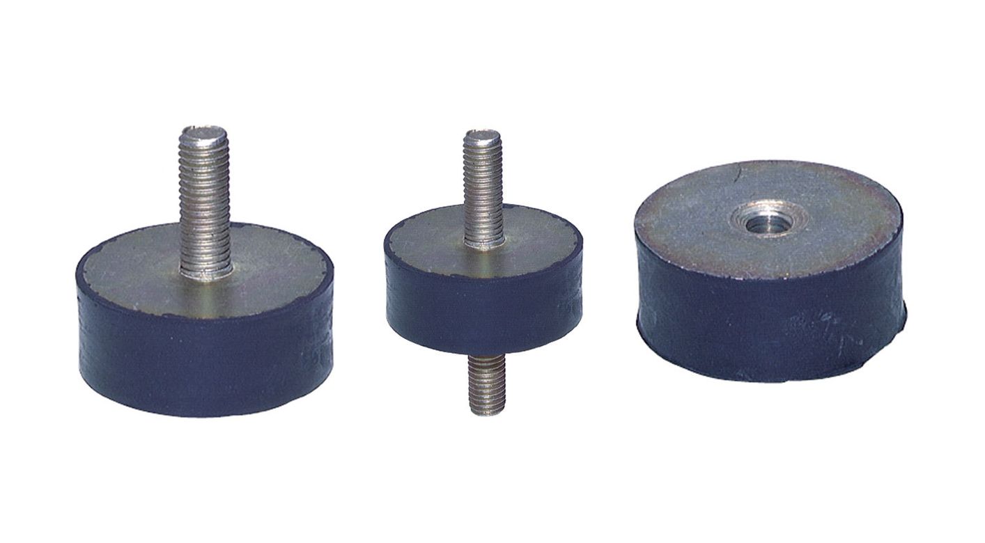 Three anti-vibration mount designs side by side — one-sided male, two-sided male and a female-threaded design