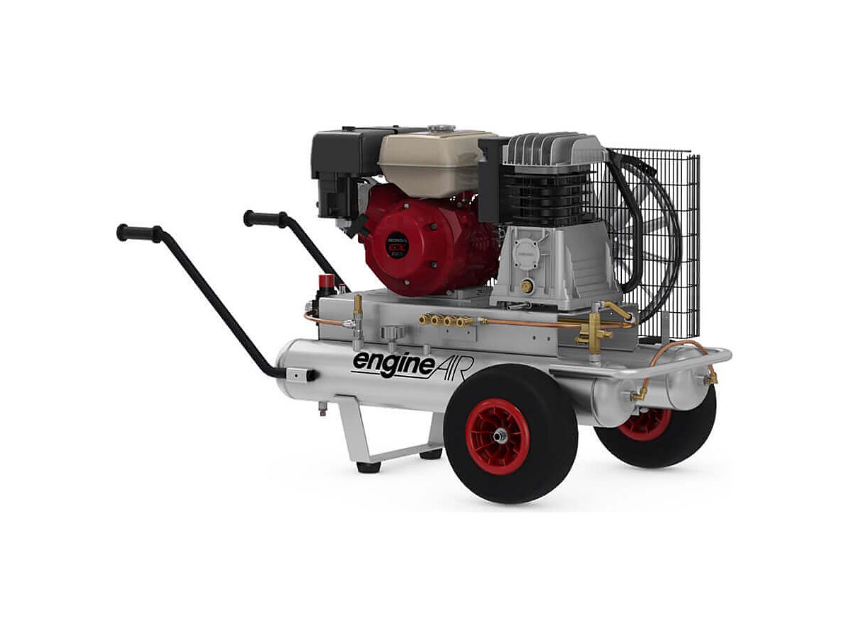 Benzínový kompresor Engine Air s dvoma vzdušníkmi, motorom Honda a ťažným madlom