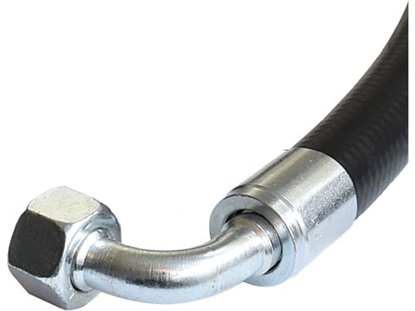 Close-up of the crimped end fitting of an FPL hose with a 90° elbow and swivel nut