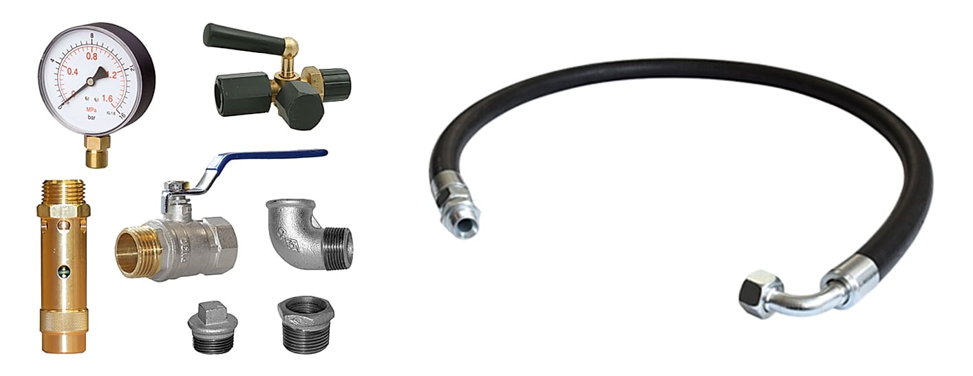 Parts of a fittings kit for an air receiver: pressure gauge, test cock, safety valve, ball valve, elbow, plug and reducer, next to a connecting hose with a 90° elbow