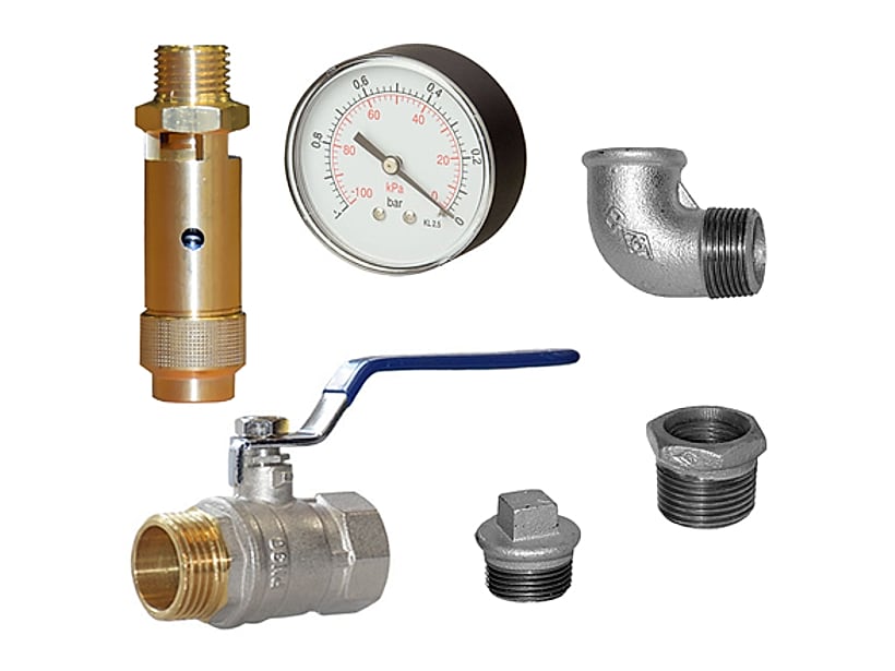 Parts of the fittings kit for vessels from 100 to 270 l: 63 mm pressure gauge, 1/4" safety valve, 3/4" ball valve, elbow, plug and reducer
