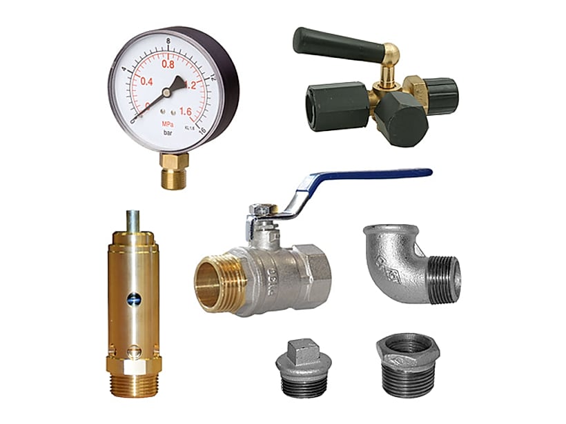 Parts of the fittings kit for vessels from 1500 to 3000 l: 100 mm pressure gauge with test cock, 3/4" safety valve, ball valve, elbow, plug and reducer