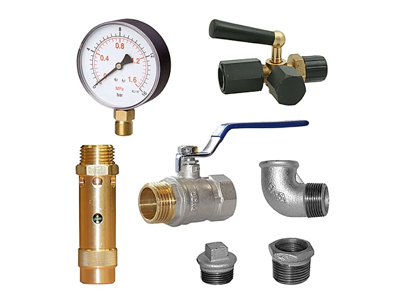 Parts of the fittings kit for vessels from 500 to 1000 l: 100 mm pressure gauge with test cock, 1/2" safety valve, ball valve, elbow, plug and reducer