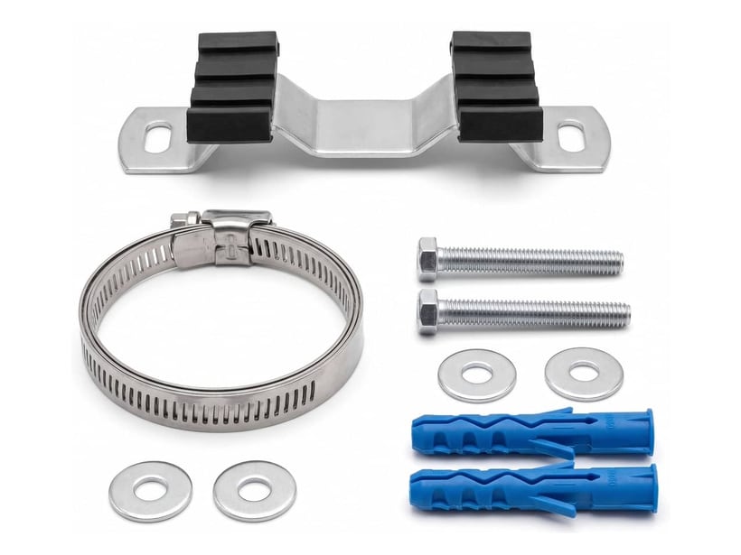 Vessel mounting kit: bracket with rubber inserts, stainless steel clamping band, 2 screws, 4 washers and 2 wall plugs
