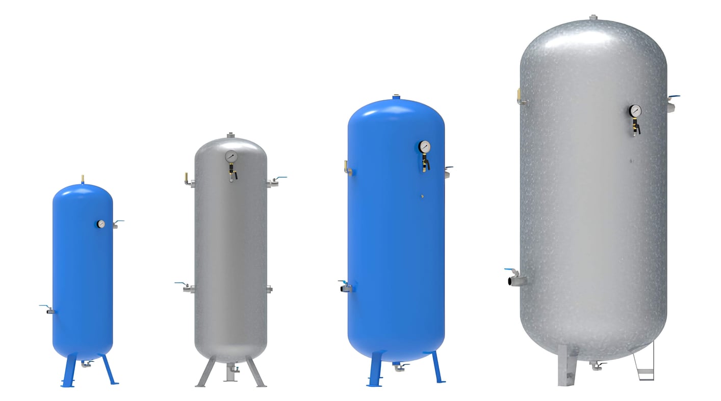 Ausgerüstete Druckbehälter 270, 500, 1 000 und 3 000 l mit Hähnen, Manometer und Sicherheitsventil, blau lackiert und verzinkt