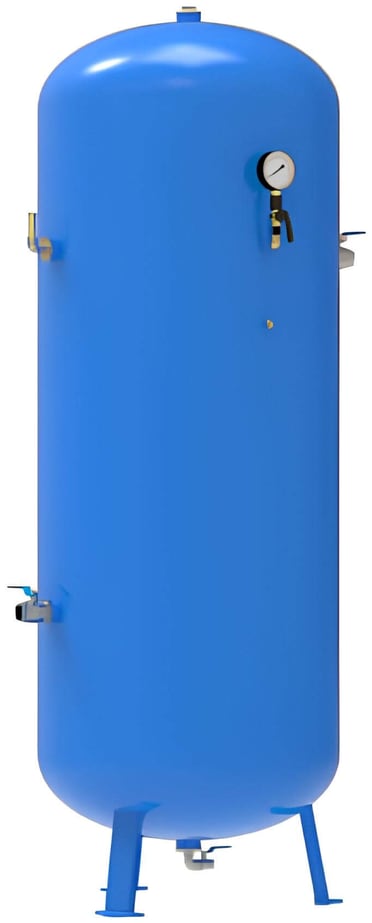 Ausgerüsteter Druckbehälter 1 000 l, blau lackiert in RAL 5015, mit Hähnen, Manometer und Sicherheitsventil