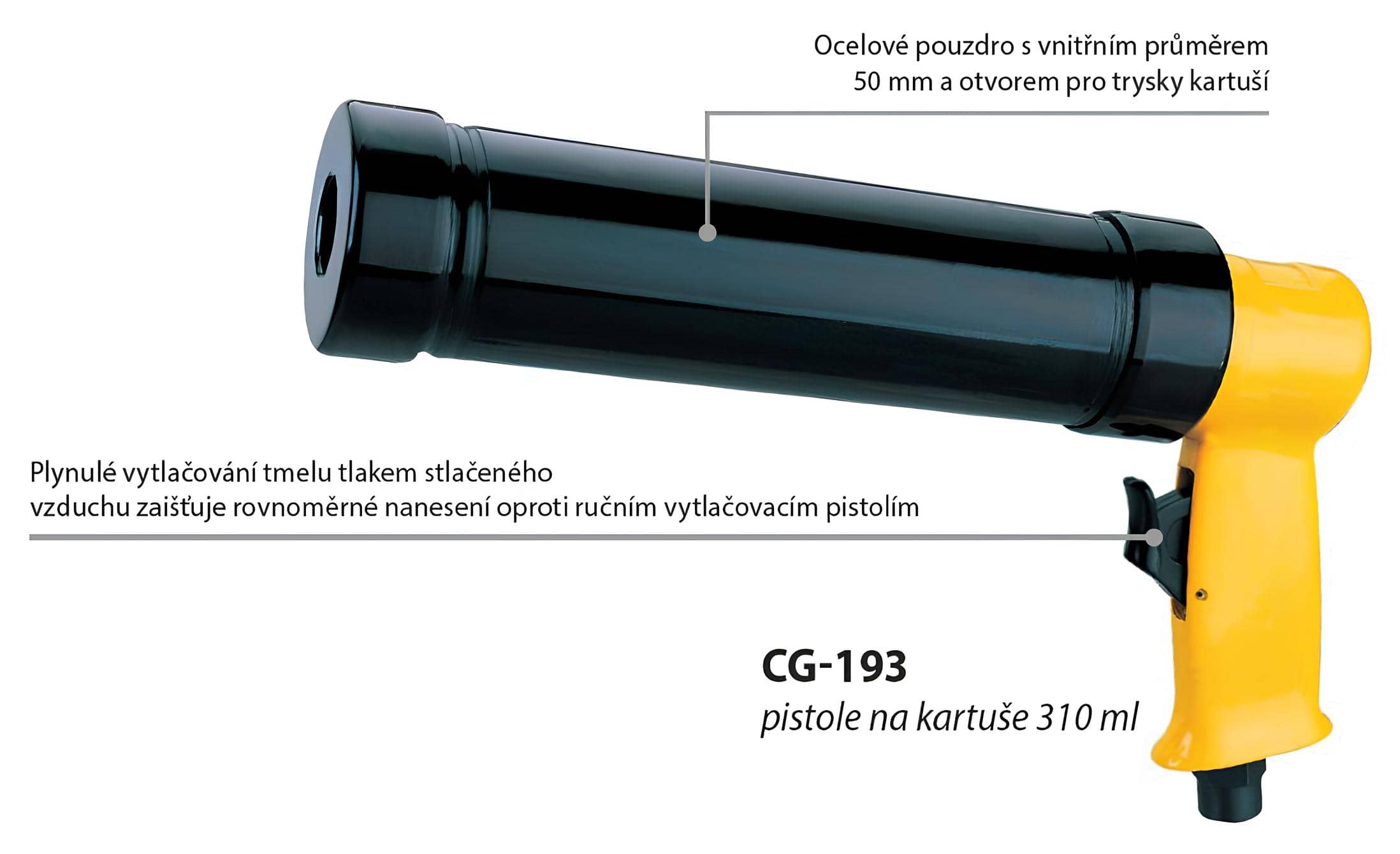 Pistole pro vytlačování běžných kartuší s pracovním tlakem 6,3 bar a se spotřebou 143 l/min.