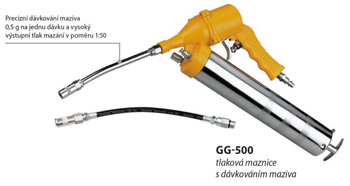 Precizní dávkování maziva 0,5 g na jednu dávku a vysoký výstupní tlak mazání v poměru 1:50.