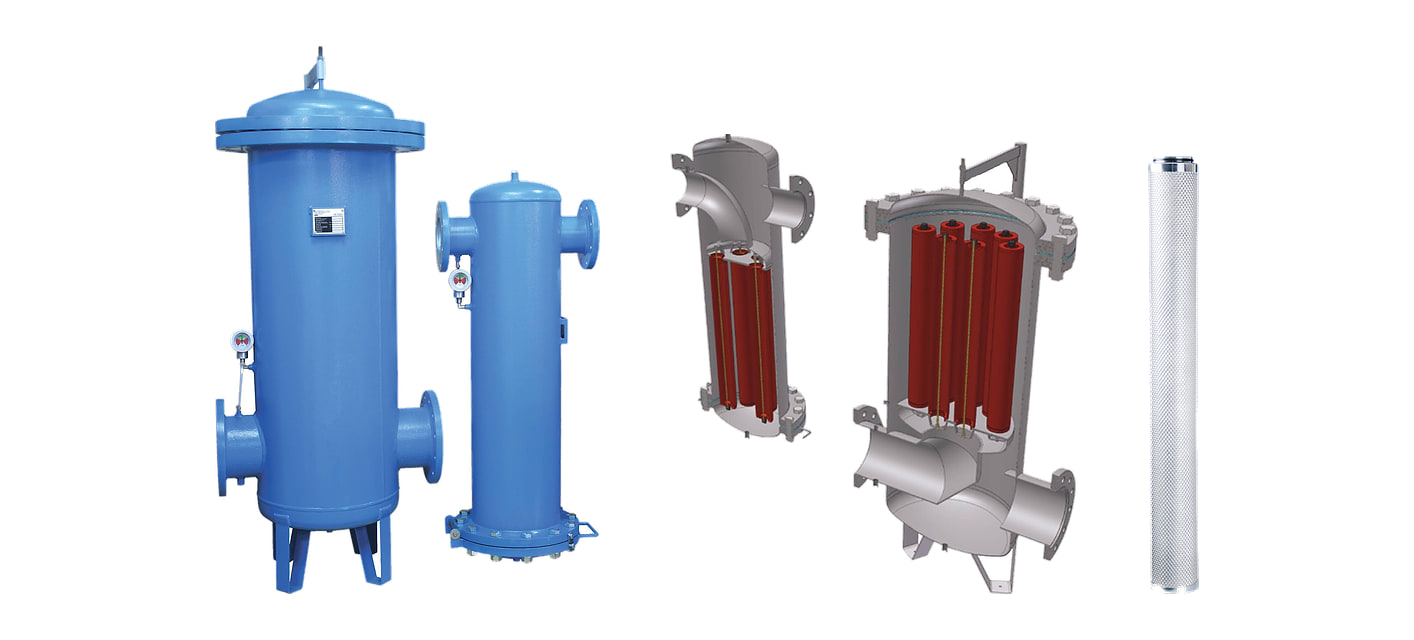Flanschfilter BF, Filter im Schnitt und Element BFA mit Aktivkohlefüllung